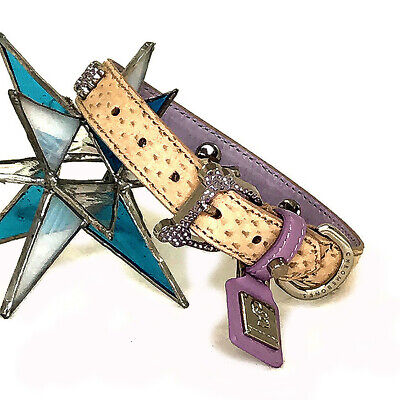 Beige & Lavender Leather-Embossed Collar with Crystal Bones 12''-15''