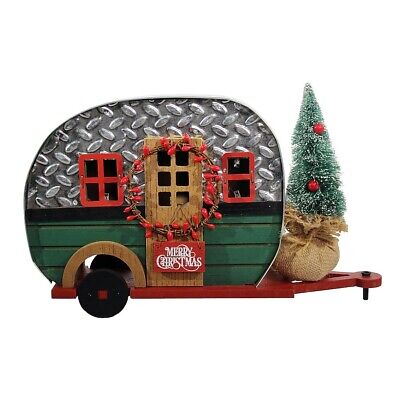 Vintage Metal Rustic Camper w/Merry Christmas Tree Lights Retro Woody Home Decor