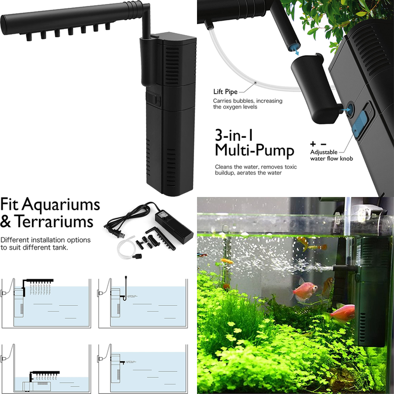 Aquarium Internal Filter 3-In-1 Multi-Function Pump 10 Gallon Fish Tank 80 GPH