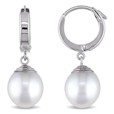 Pre-owned Amour 9 - 10 Mm South Sea Cultured Pearl Hinged Hoop Drop Earrings In 14k White