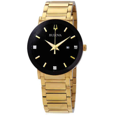 Pre-owned Bulova Diamond Black Dial Yellow Gold-tone Men's Watch 97d116