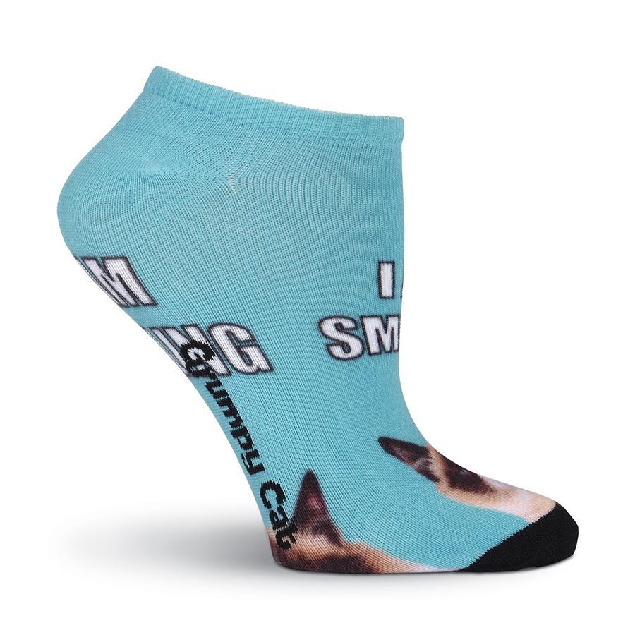 I Am Smiling K Bell No Show Socks Blue New Women's Size 9-11 Grumpy Cat Fashion