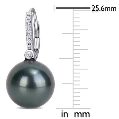 Pre-owned Amour 11 - 12 Mm Black Tahitian Cultured Pearl And 1/8 Ct Tw Diamond Leverback In White