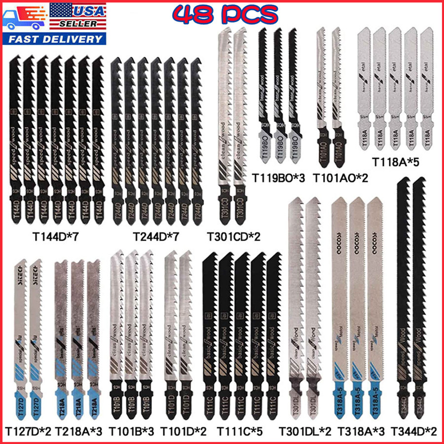 48PC Jigsaw Jig Saw Blades Set T-shank Assorted Wood Metal Steel Plastic Drywall