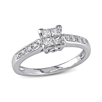 Pre-owned Amour 1/4 Ct Tw Princess Cut Quad And Round Diamond Engagement Ring In 10k White
