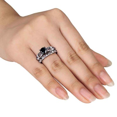 Pre-owned Amour 1 3/8 Ct Tw Black Diamond Bridal Set In 10k White Gold With Black Rhodium