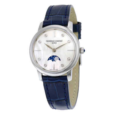Frederique Constant Slimline Moonphase MOP Dial Diamond Blue Leather Ladies