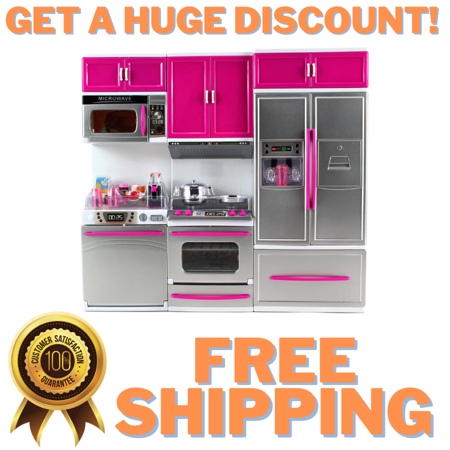 Modern Full Kitchen Cooking Playset Refrigerator Stove Microwave For Kids Pink