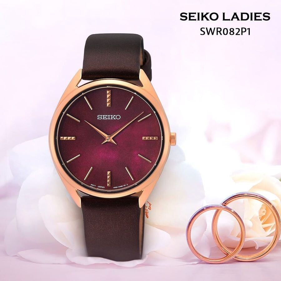 Pre-owned Seiko Swr082p1 Classic Maroon Dial Analog Brown Leather Quartz Ladies Watch