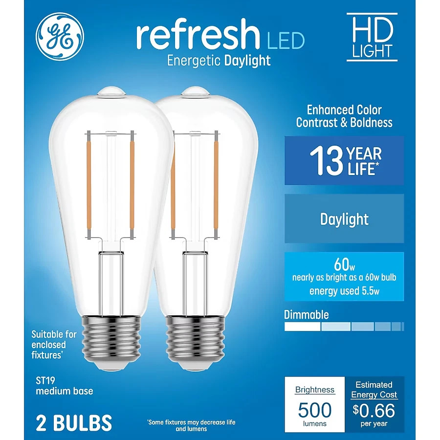 GE Refresh LED DAYLIGHT Bulb Dimmable Edison Style Bulbs 2 Pack Lamps PC93124196