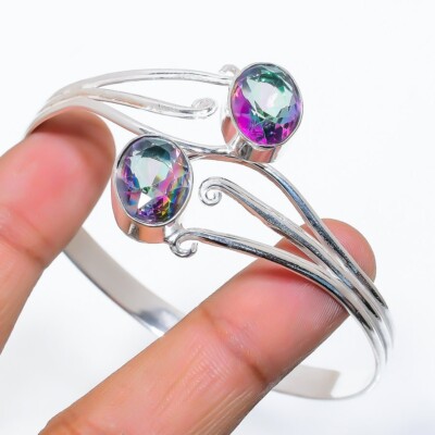 Mystic Topaz Gemstone 925 Sterling Silver Jewelry Cuff Bracelet Size 7-8''