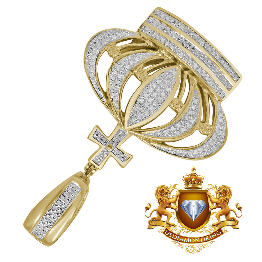 Pre-owned Us Diamond King Real Genuine Diamond Kings Crown Cross Pave Charm Pendent 10k Yellow Gold Finish