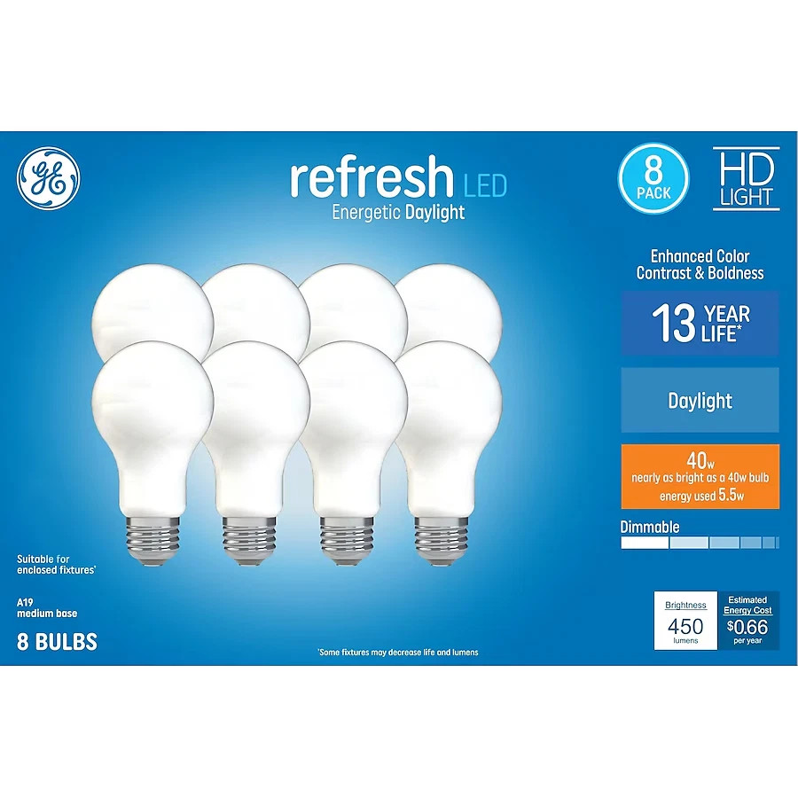 8 GE refresh HD Light 40-Watt Frosted White Daylight A19 LEDs w/Medium Base