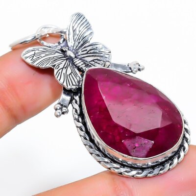Ruby(Simulated) Gemstone Handmade 925 Sterling Silver Jewelry Pendant 2.25'' F288