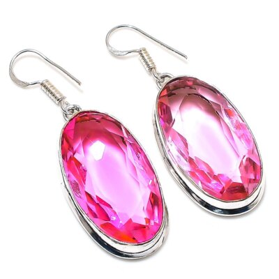 Pink Topaz Gemstone Handmade 925 Sterling Silver Gift Jewelry Earring 2.09'' z081