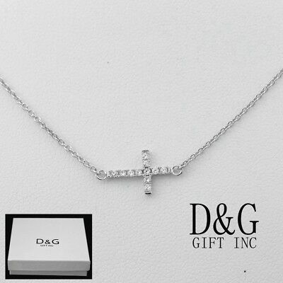 DG Women's Sterling Silver Mini Cross Side-Way CZ Pendant 16"-18"Necklace.BOX 