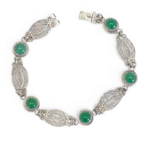 Vintage Sterling Silver Green Agate Filigree Bracelet 