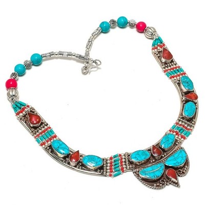 Turquoise Coral Gemstone Tibetan Necklace Ethnic Handmade Nepali Jewelry 18" N48