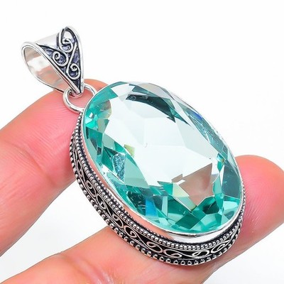 Faceted Swiss Blue Topaz Gemstone 925 Sterling Silver Vintage Pendant 2.2" B637
