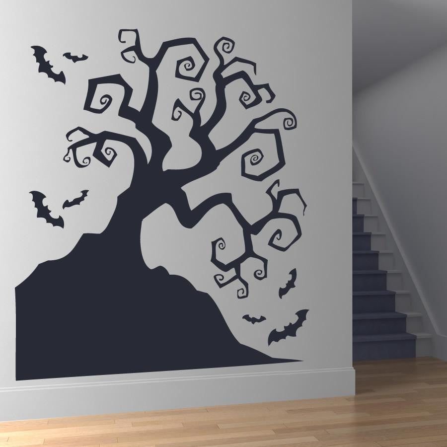 Scary Twisted Haunted Halloween Tree with Bats Wall Art Sticker