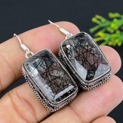 Natural Black Rutile Gemstone Handmade 925 Sterling Silver Earring 1.97'' O947