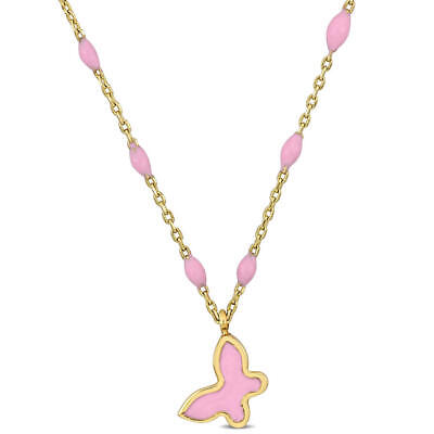 Pre-owned Amour Pink Enamel Butterfly Necklace In 14k Yellow Gold
