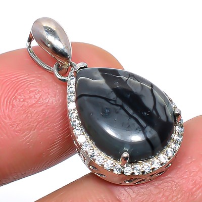 Picasso Jasper & Cz 925 Sterling Silver Jewelry Pendant 1.2'' T26
