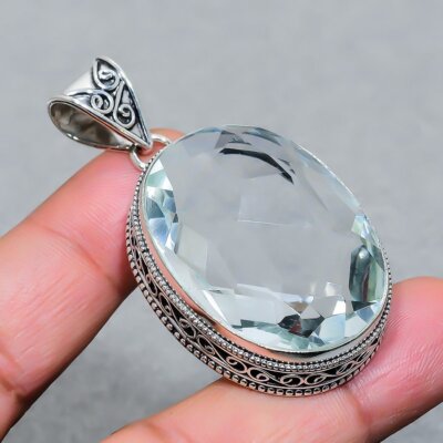 White Topaz Gemstone Pendant Handmade Antique Oval Shape Vintage Jewelry 2.30''