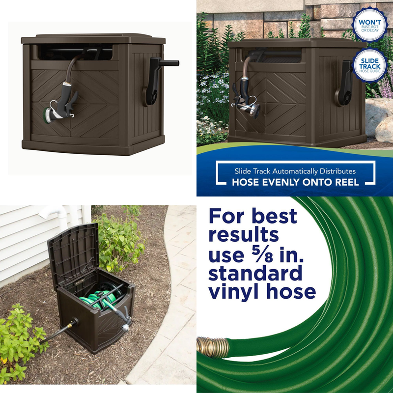 Hideaway Garden Hose Reel Portable Storage Box Slide Trak Guide Outdoor, 150 Ft
