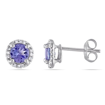 Pre-owned Amour Halo Diamond And Tanzanite Stud Earrings In 10k White Gold