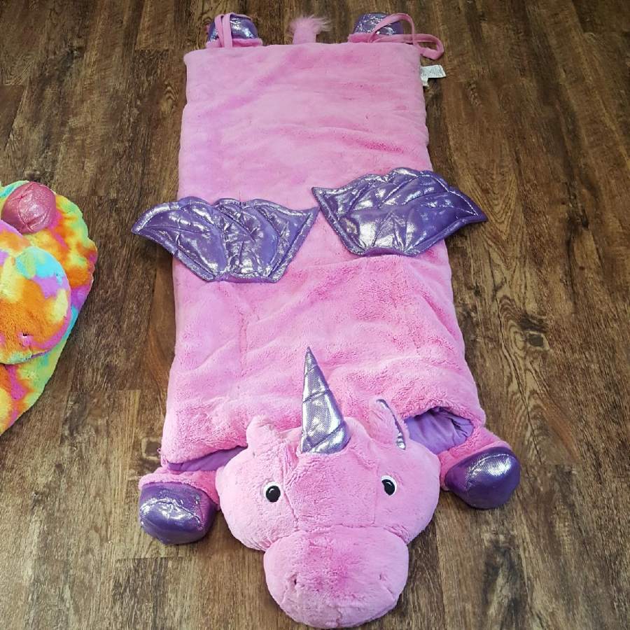 TWO Rare Kids Plush Animal Slumber Sleeping Bag Soft Fur Rainbow Tie Dye Unicorn