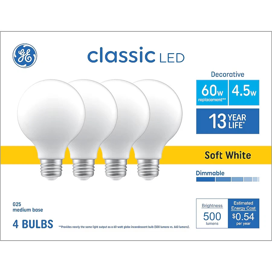 GE LED Light Bulb Classic 4.5W 60W G25 Medium 93131043 Soft White 500L NEW