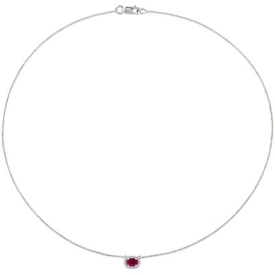 Pre-owned Amour 3/5 Ct Tgw Oval Shape Ruby And 1/10 Ct Tw Diamond Halo Necklace In 14k In White