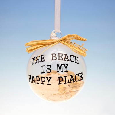 GLASS BALL w/ SAND & SHELLS "THE BEACH IS MY HAPPY PLACE" NAUTICAL XMAS ORNAMENT