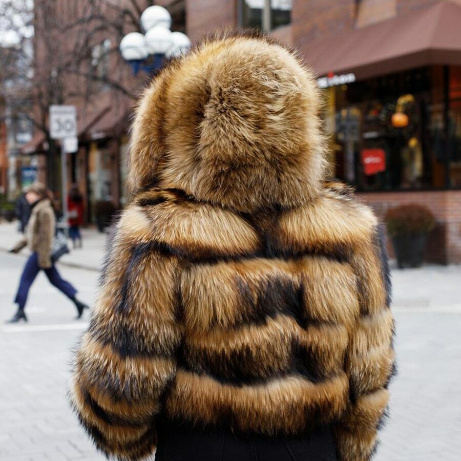 2024 Winter Natural Raccoon Fur Hooded Women Luxury Fur