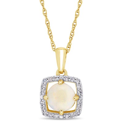 Pre-owned Amour Opal And 1/10 Ct Tw Diamond Floating Square Halo Necklace In 10k Yellow