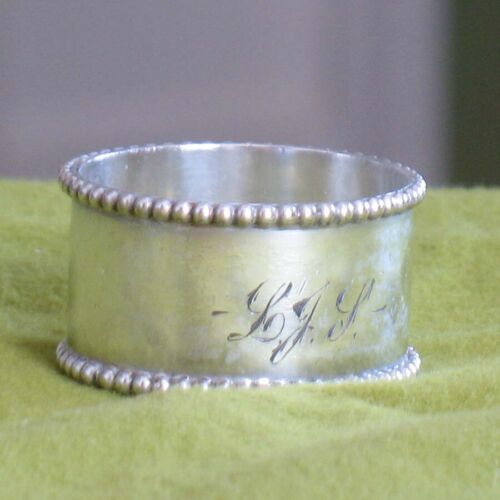 One Antique Silverplate Napkin Ring Holder with Monogram and Beaded Edge 