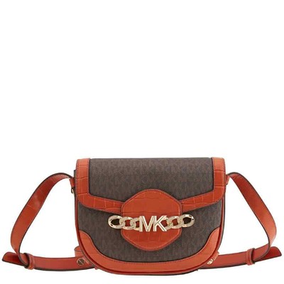 Pre-owned Michael Kors Hally Signature Logo-print Saddle Crossbody Bag 30f1g2hm2e In Orange