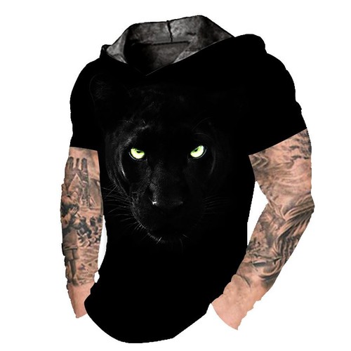 Camiseta con capucha Hombre Sudadera Pantera Negra Mirada Manga Corta Suave Moda