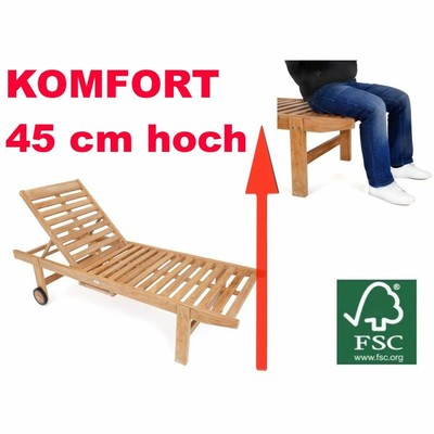 KOMFORT GARTENLIEGE 45 CM HOCH FSC TEAK HOLZ VERSTELLBAR MIT ABLAGE + 2 RÄDER