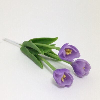 Purple Tulip Flower Miniature Plant Handmade Clay Dollhouse Garden Accessory