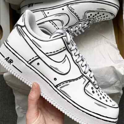 Air Force 1 Custom White Shoes Black & Gray Laces Cartoon Outline Mens Size 11