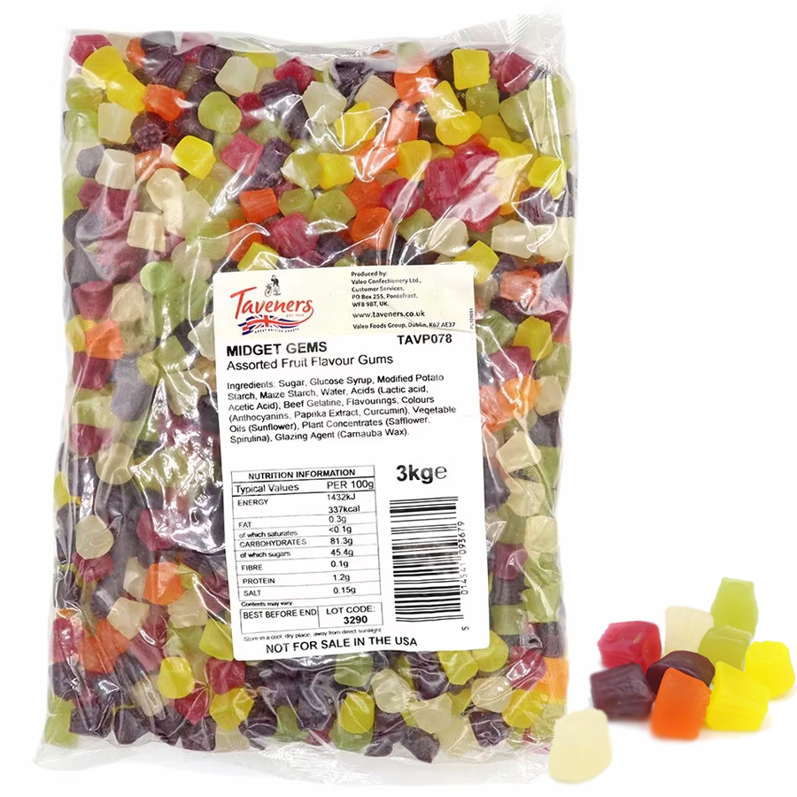 Bulk 3kg Bag of Taveners Traditional Midget Gems - Chewy Pick n Mix Sweets