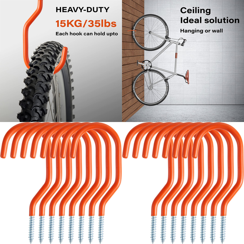 Bike Hooks Rubber Coated Bike Hanger Storage Hook Rack Wall Mount 8 Pack