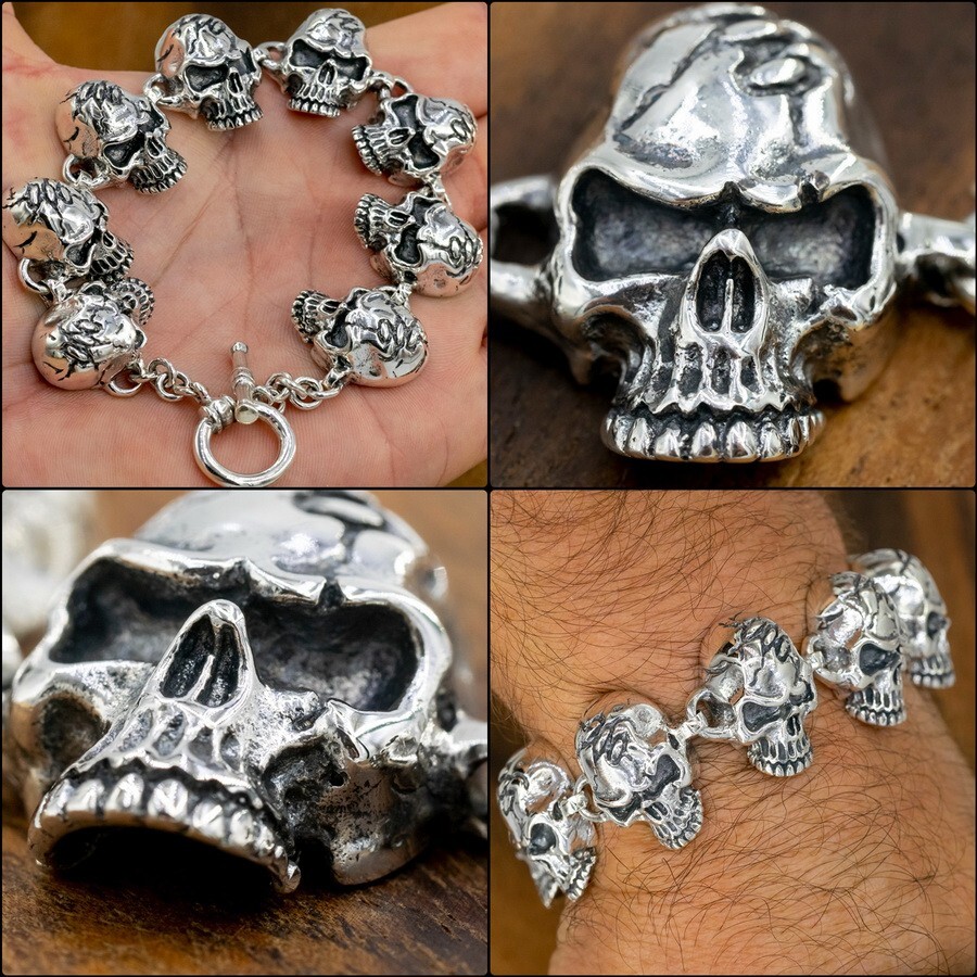 アクセサリー Skull Chain Bracelet - Silver 925 S925 Silver Skulls Bracelet for men ~ Skull Jewelry ~ Heavy