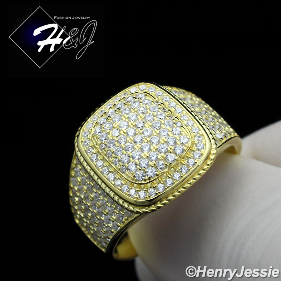 MEN 925 STERLING SILVER ICY BLING CUBIC ZIRCONIA GOLD PLATED