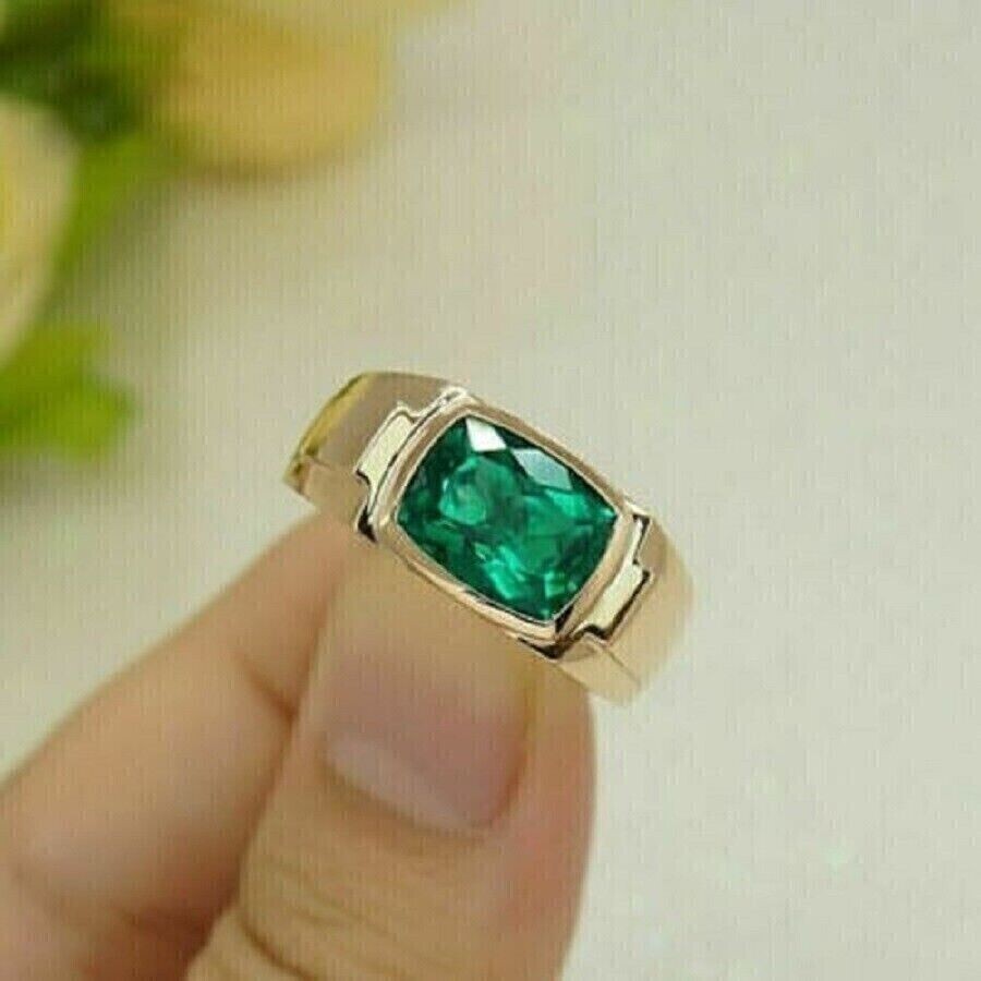 3Ct Cushion Cut Lab Created Emerald Diamond Men's Ring 14K Yellow Gold Plated