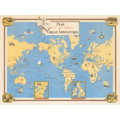 1946 World Map Of Great Adventures Canvas Wall Art Print Poster