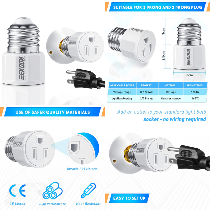 Light Socket to Plug Adapter Outlet Plug Converter E26 E27 Bulb Socket Adapter