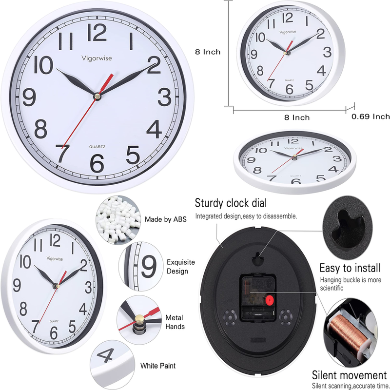 8 Inch Small Wall Clock Silent Sweep Accurate Quartz Movemen